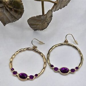 "5/$25" Hammered Goldtone Purple Glass Circle Dangle Earrings